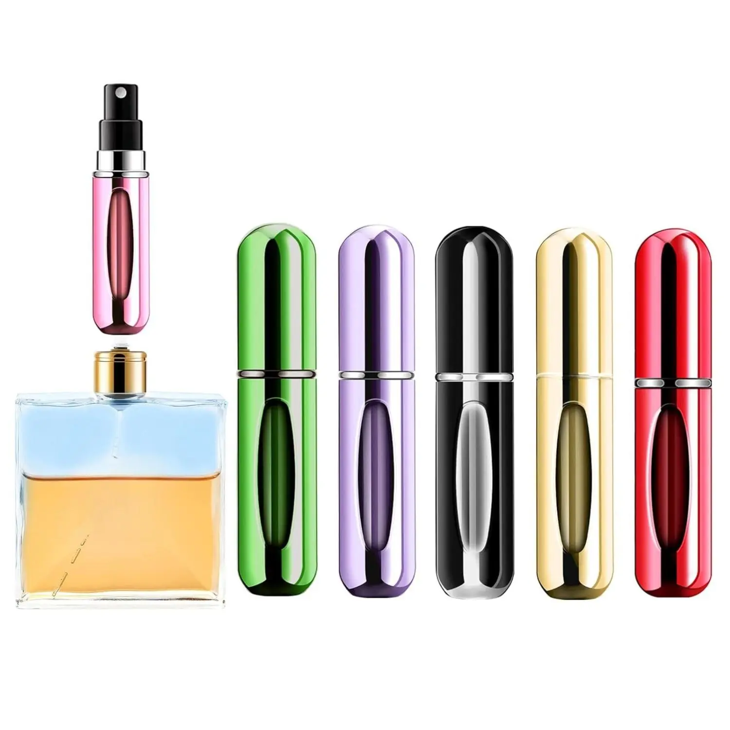 Portable Mini Refillable Perfume Atomizer Bottle Refillable Spray, Atomizer Perfume Bottle, Scent Pump Case, Perfume Atomizer Refillable Travel (5ml, 5 Pack) (Purple, Gold, Green,Red, Black)…