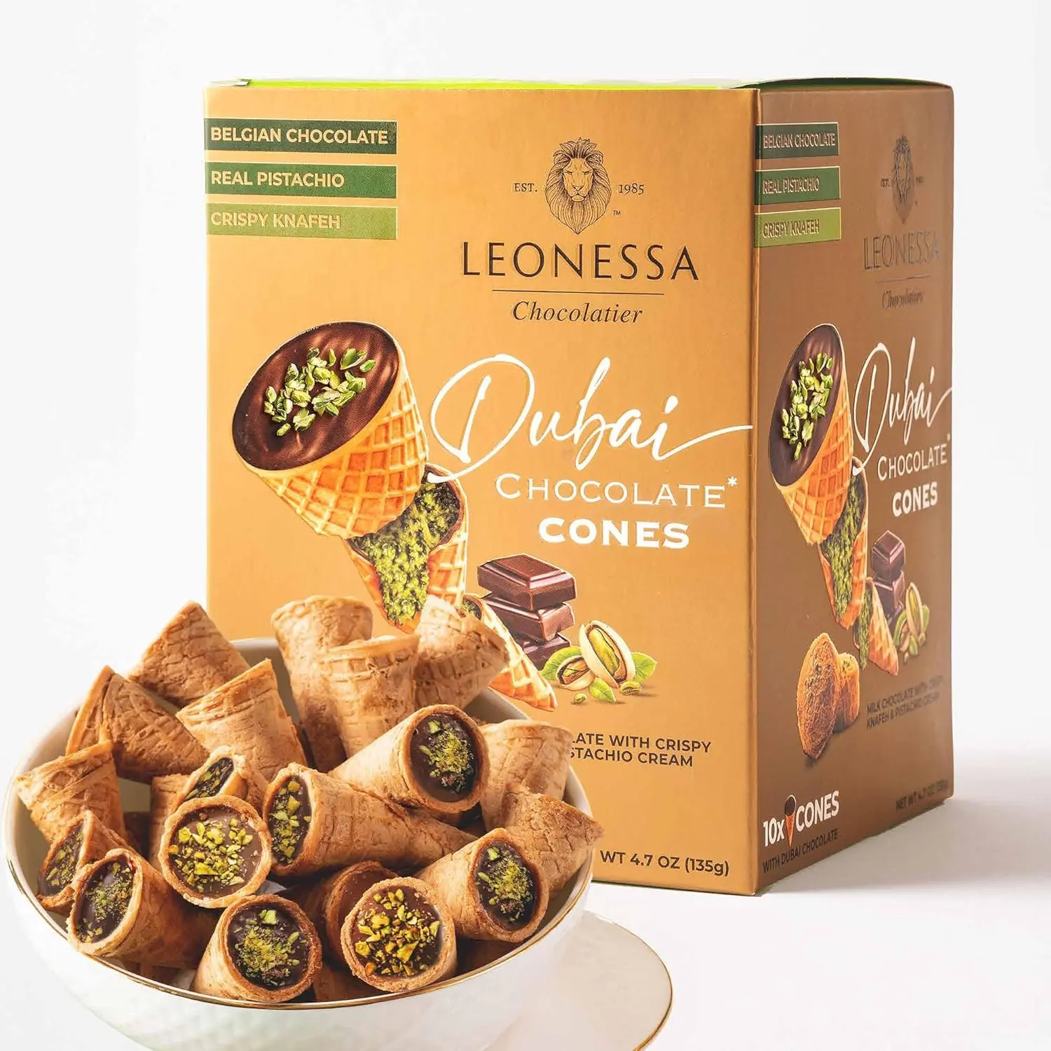 Leonessa Dubai Pistachio Kunafa Chocolate Cones - Premium Belgian Chocolate Snack, 4.7 oz