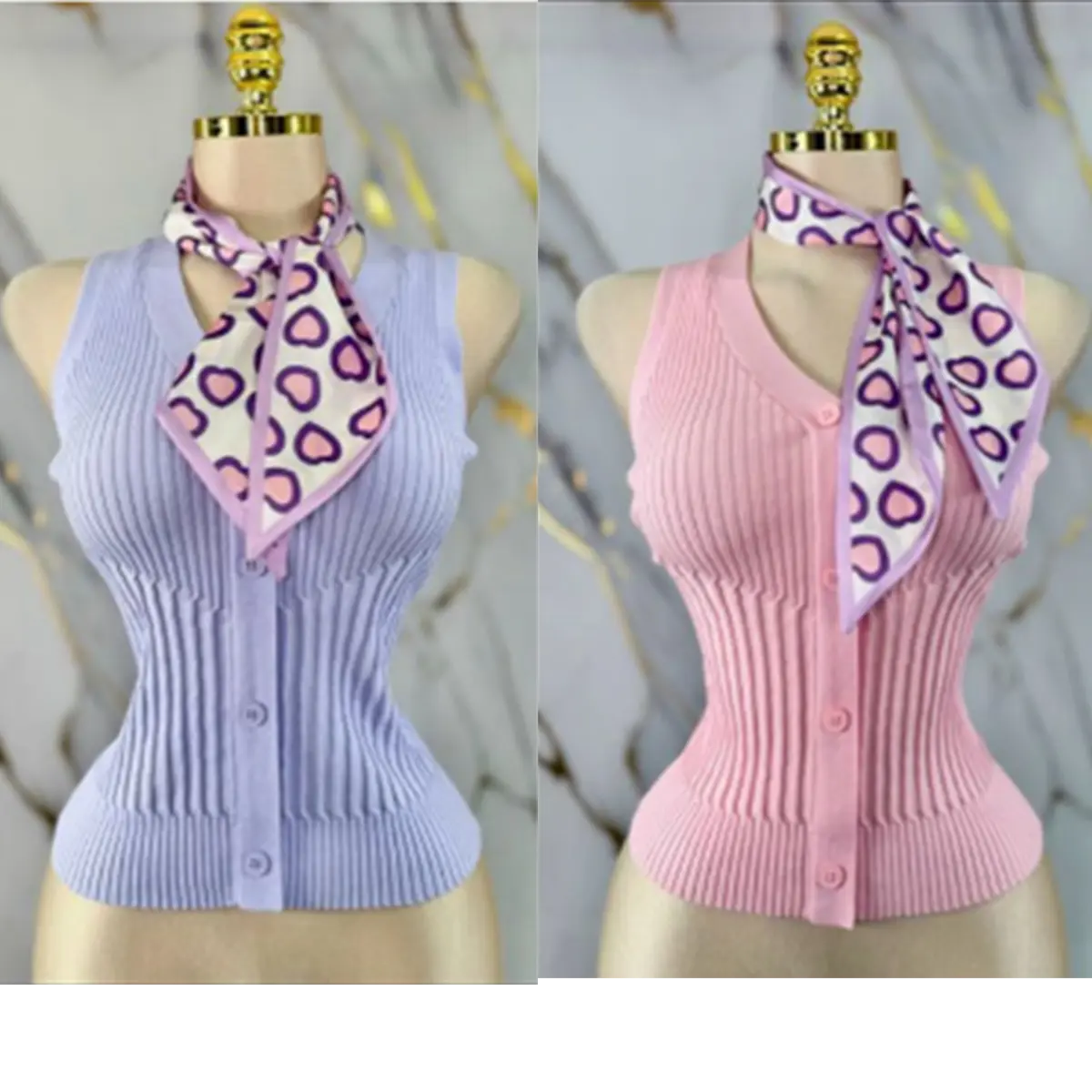 Ribbed Button Knit Top with Matching Scarf