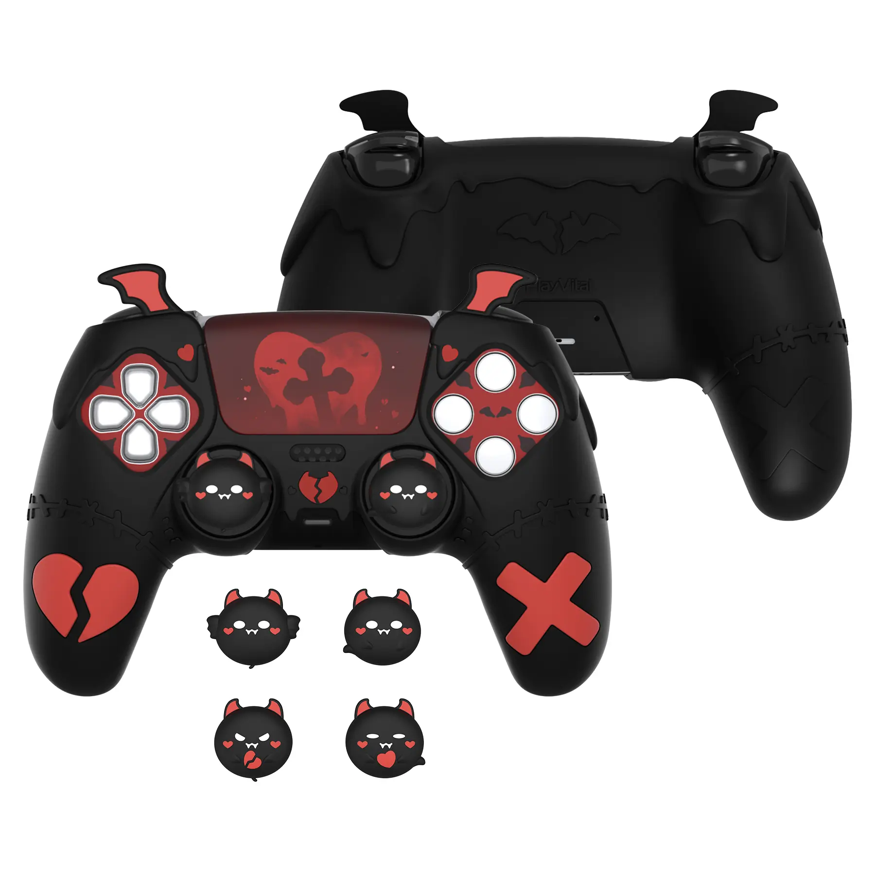 PlayVital Gothic Imp Cute Silicone Console Case with 4 Thumb Grip Caps, Stickers, Compatible with PS5 (Including Charging Station), Xbox Series X/S & Nintendo Switch Pro Grip Controllers - Black Devil Wings, Gaming Accessories for Console Gamers