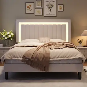HOOMIC LED Velvet Bed Frame with Adjustable Channel Tufted Headboard, Full & Queen & King Sizes,Sturdy Wood Slat Support , No Box Spring Needed, Pink/White/Black