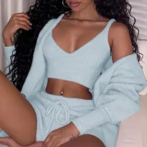 Women's 3pcs Velvet Pajama Set - Long Sleeve Crop Top & Drawstring Shorts in White Vest & Culottes Pants Suit for Comfortable Wear