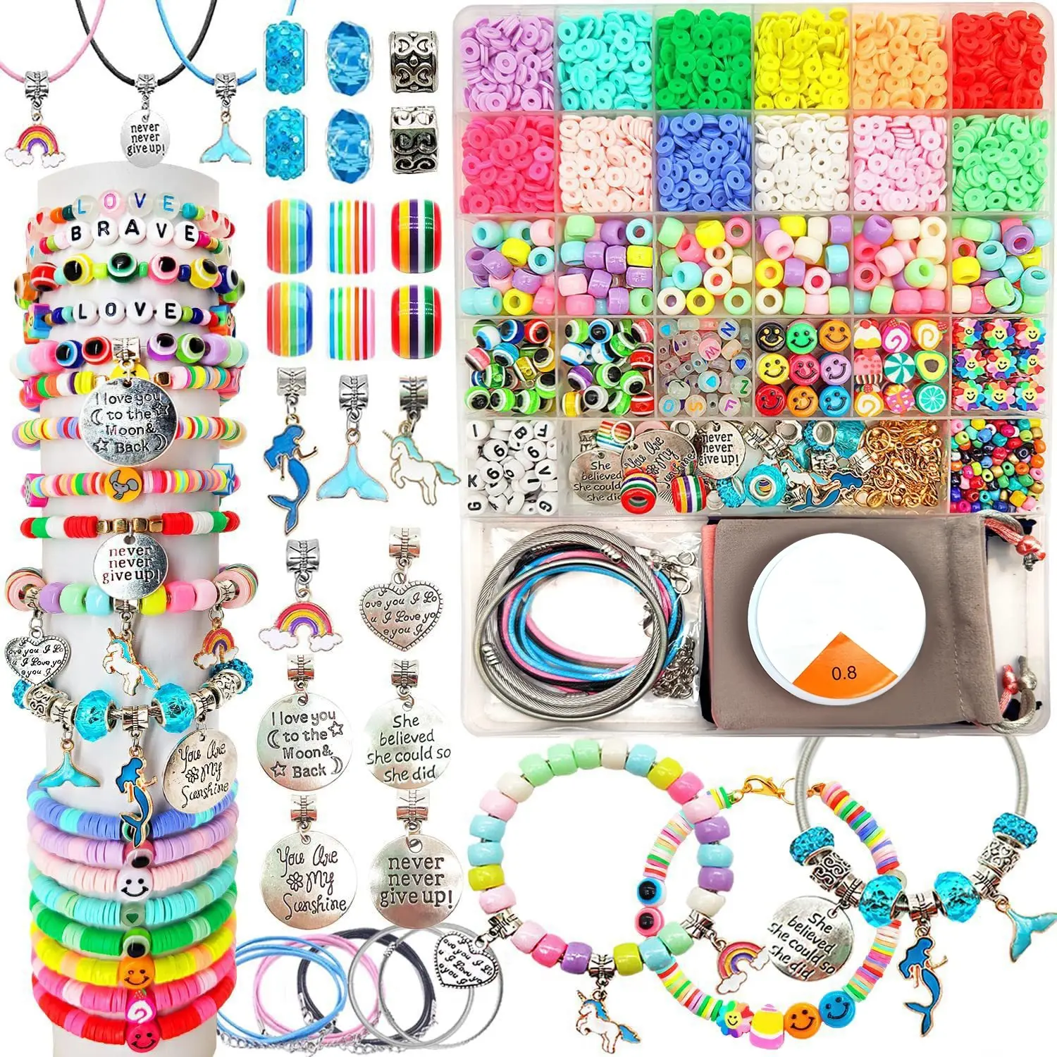 Bracelet Making Kit with Unicorn & Mermaid Beads, Letter Beads, Rainbow Beads & DIY Jewelry Craft - Complete Charm Bracelets Kit for Birthday Party Favors, Creative Birthday/Halloween Gifts with Storage -like Manual (Ages