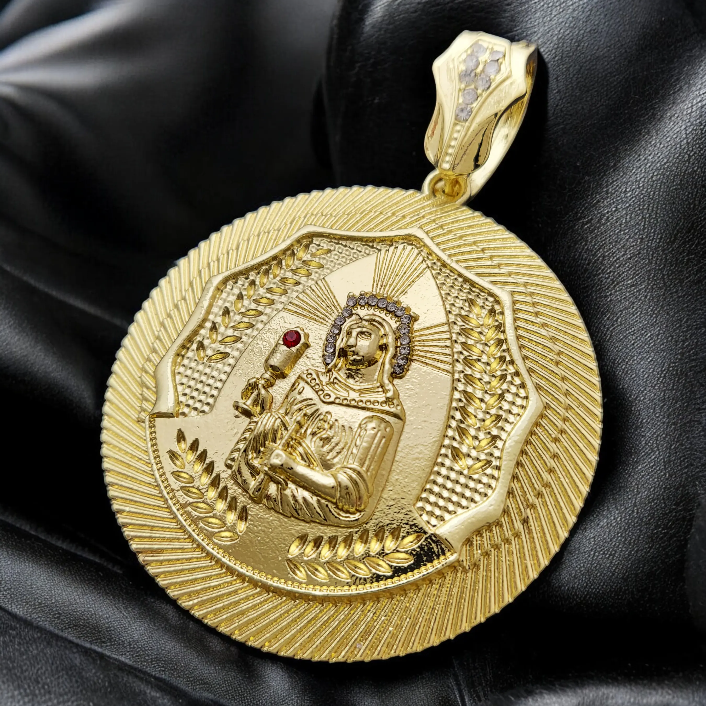 MaxBling81 Gold-Plated CZ Large Santa Barbara Religious Medal Charm Pendant - Gold Alloy, Polished Shine Coating, Unisex Daily Fashion Jewelry Accessories, & Pendants Gold Charms