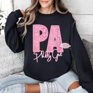 Faux Pink Leopard Embroidery State Crew Neck Sweatshirt