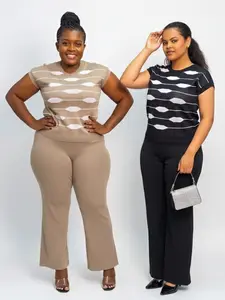 Wave Knit Two-Piece Set - Elegant Stretchy Flattering Ribbed Knit Top & Pants Set for S to XXL Sizes - Comfortable Body-Fitting Fabric - Perfect for Casual Outings & Everyday Style