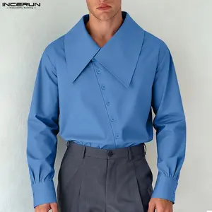INCERUN Men's Fashion Menswear Fall Long Sleeve Button-Up Blouse - Irregular Asymmetric Collar, Diagonal Placket, Loose-Fitting Avant-Garde Runway Style Top