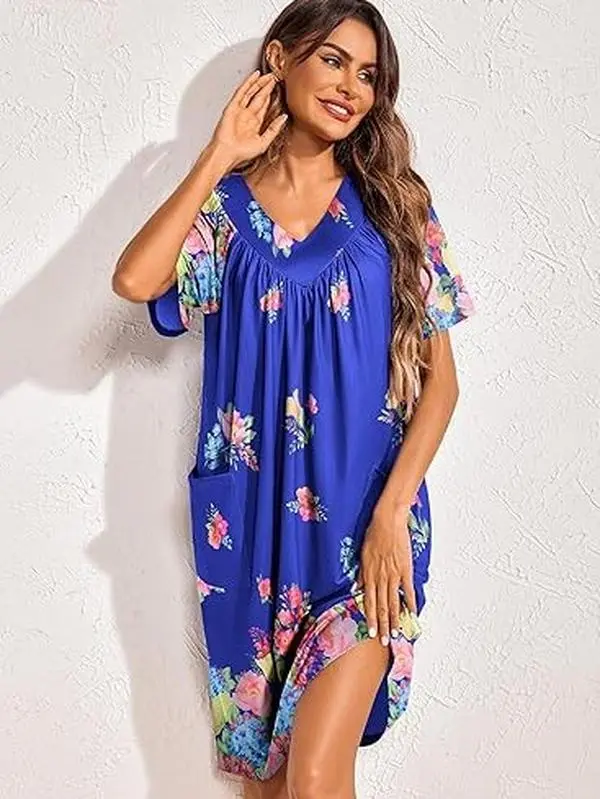 Ekouaer Women's Elegant V-Neck Flower Print Loose Short-Sleeve Loungewear Dress with Soft Stretch Fabric, Side Pockets and Pleated Details, Women's Sleepwear Clothes