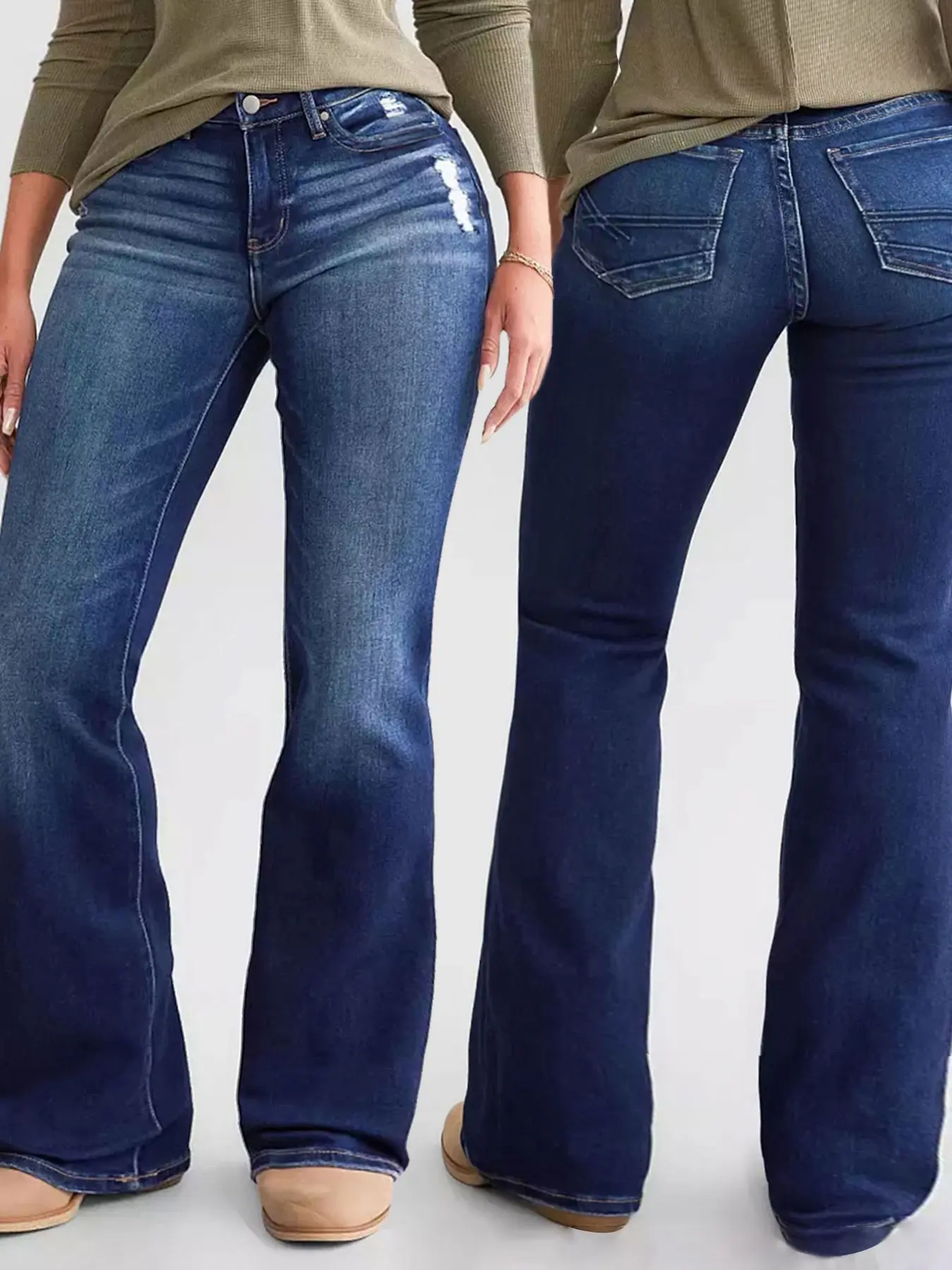 Women's High Waist Fitted Elastic Stretchy Wide Leg Jeans Pants, High Waisted Jeans, Hi Rise Bootcut, Trouser Bell Boot Cut Flared Design with Pockets, Tummy Control Hip Lift, Fashionable Denim Jeans Womenswear Bottom