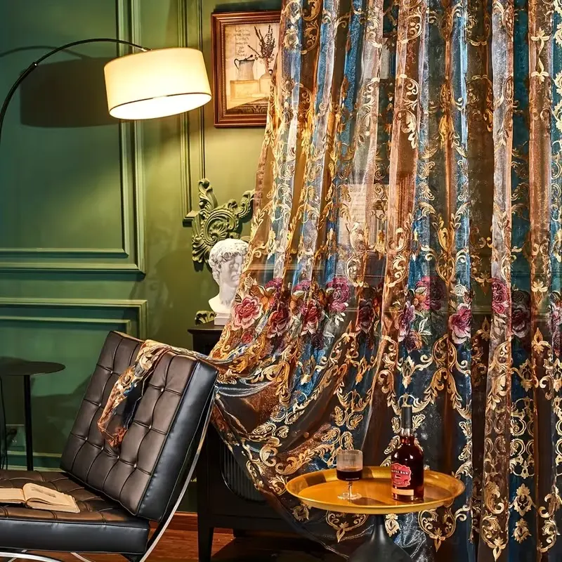 1pc American Vintage Hollow Out Embroidered Sheer Curtain, Home Decoration Curtain, Home Window Decor, Room Decor Curtain, Home Decorative Curtain, Window Curtains, Minimalist Korean Style Drapes