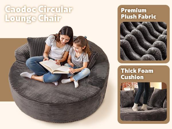 HOOOWOOO 59"W Oversized Round Sofa Bed - Modern & Boneless O-Shape Chaise Lounge, Lazy Bean Bag Chair, Deep Seat Couch with 3 Pillows, Plush Corduroy Fabric Chaise Lounge, No Assembly Required