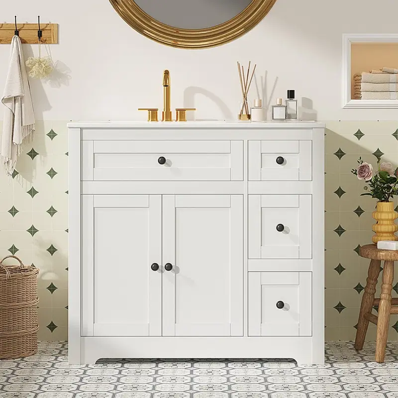 Bathroom Vanity with Ceramic Sink, Organizer Tier-Hidden Storage, Restroom Basin Cabinet with 2 Doors,Modern Lavatory Laundry Room Freestanding