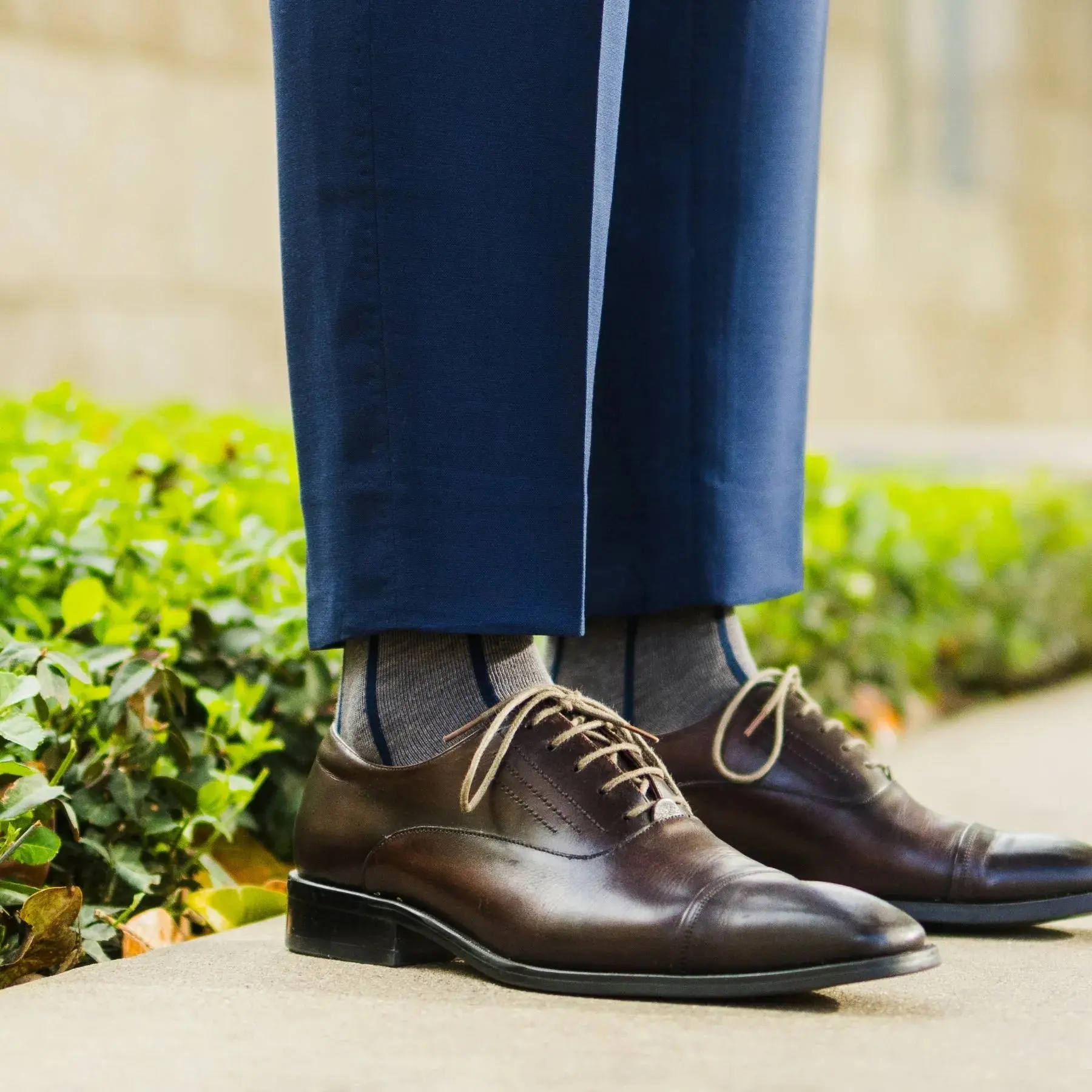 Grey & Navy Blue Vertical Stripes - A Grey Sock with Navy Blue Vertical Stripes