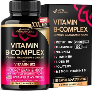 Vitamin B Complex for Men & Women - Made in USA - B-Complex: B1, B2, B3, B5, B6, B7, B8, B9, B12 with Vitamin C, Choline, Inositol - Energy, Brain & Heart Support Supplement, 120 Vegan Capsules