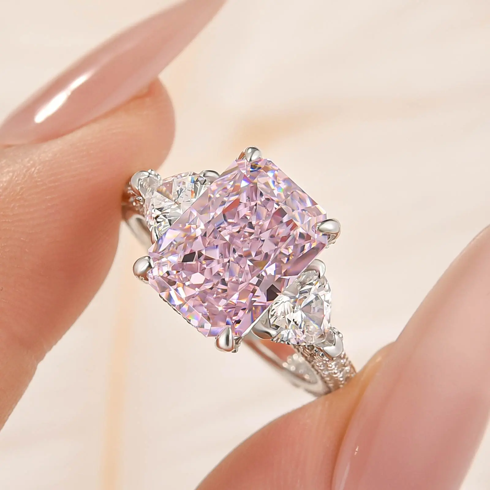 MAXINEJEWELRY 5.0ct Pink Radiant Cut 5A Cubic Zirconia Crystal Engagement Ring - Elegant Love Jewelry for Women, Ideal for Proposal, Wedding, Anniversary