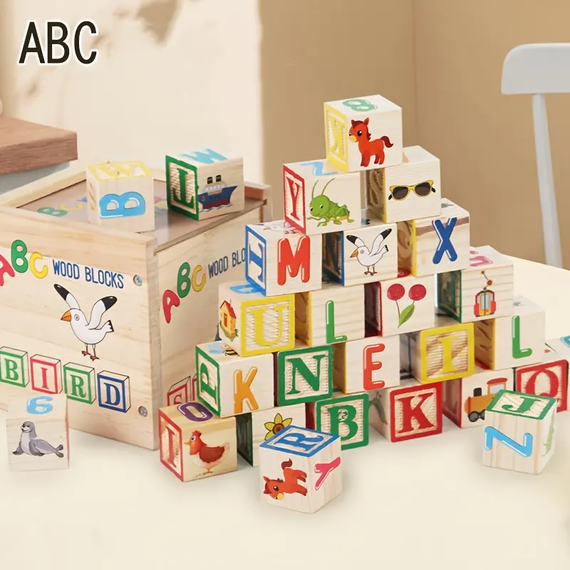 ABC Wooden Stacking Block Game, 26/27 PCS Alphabet & Number Blocks (1.2 in)，Building Blocks, Montessori Wooden Blocks for Preschool Toddlers
