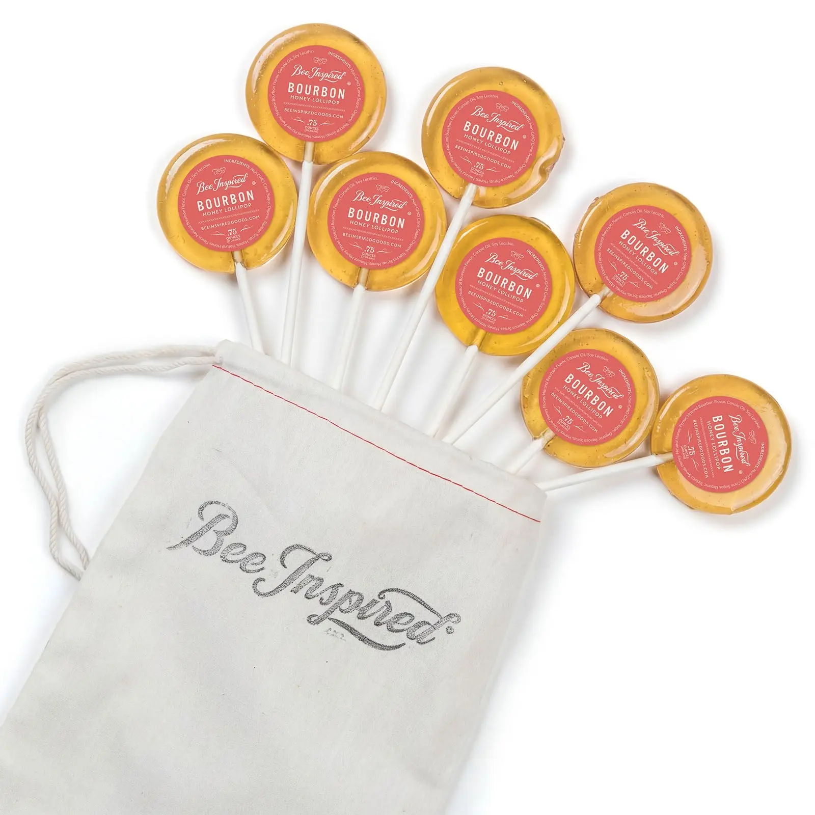 BeeInspired Gourmet Bourbon-Flavored Honey Lollipops Bag of 8 - Sweet Caramel & Butterscotch Flavor, Non-GMO Cane Sugar, Individually Sized Candy Pieces for Beverages