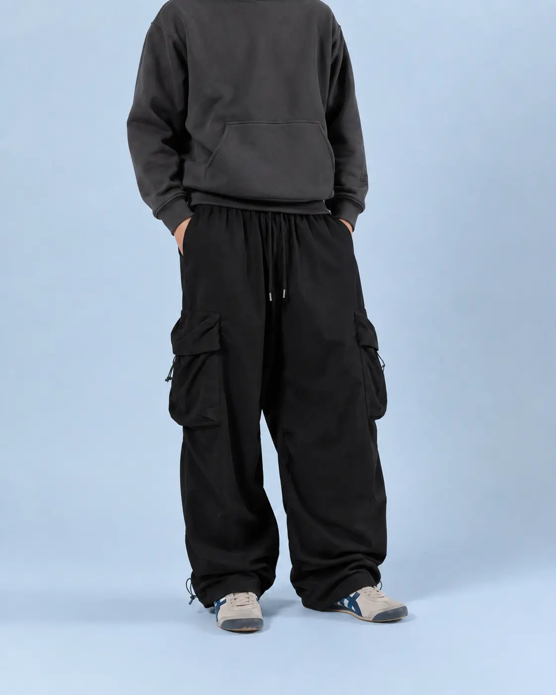 Men's Polyester Cargo Trousers - High Waist, Baggy Loose-Fit, Elastic Waistband, Multi-Pocket Casual Streetwear Outfits Street Skateboard Bottoms