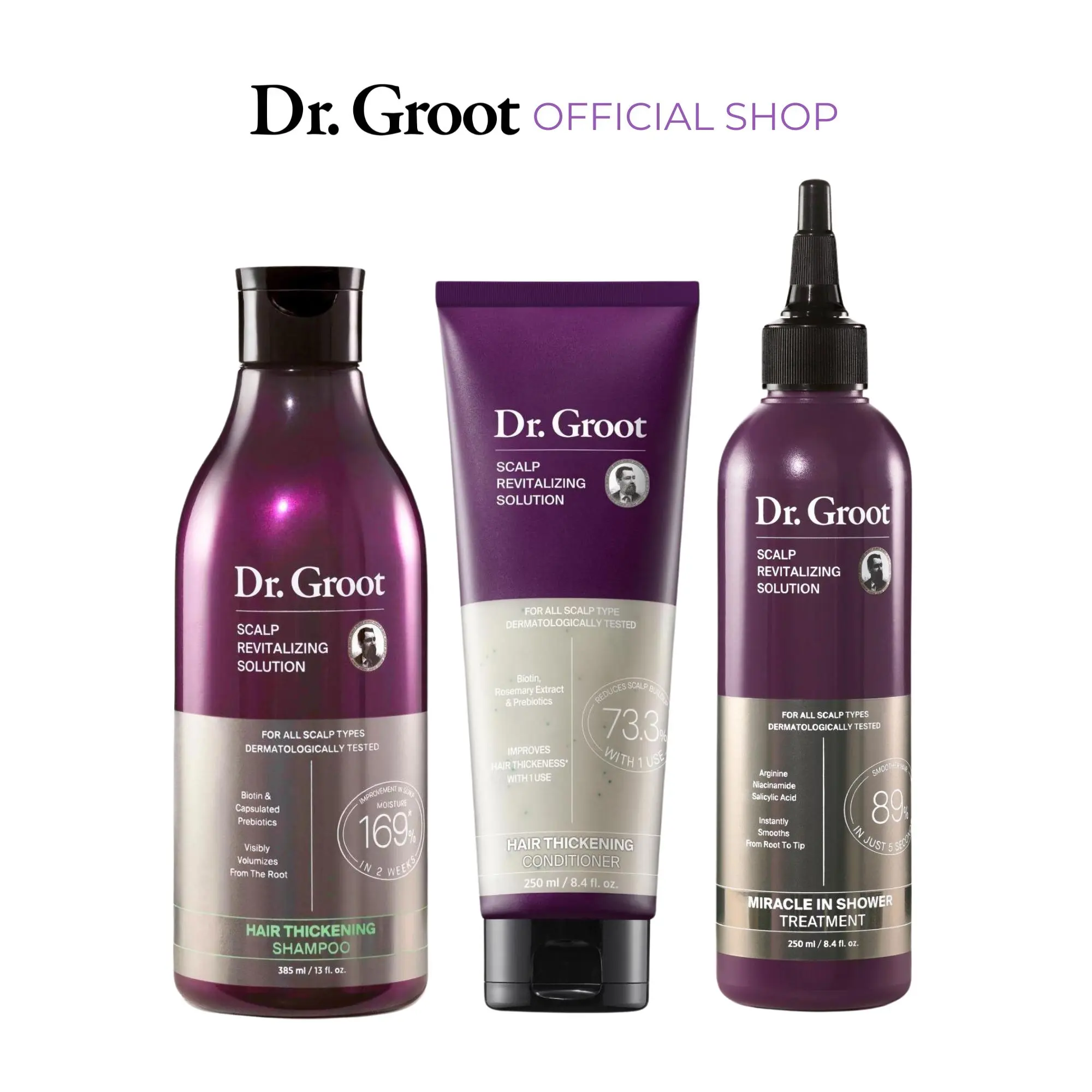 Dr. Groot 3-Step Color Safe for Permanent Hair Color Haircare Bundle, Scalp Revitalizing Solution Shampoo, Conditioner & Miracle In Shower Treatment, Hair Thickening
