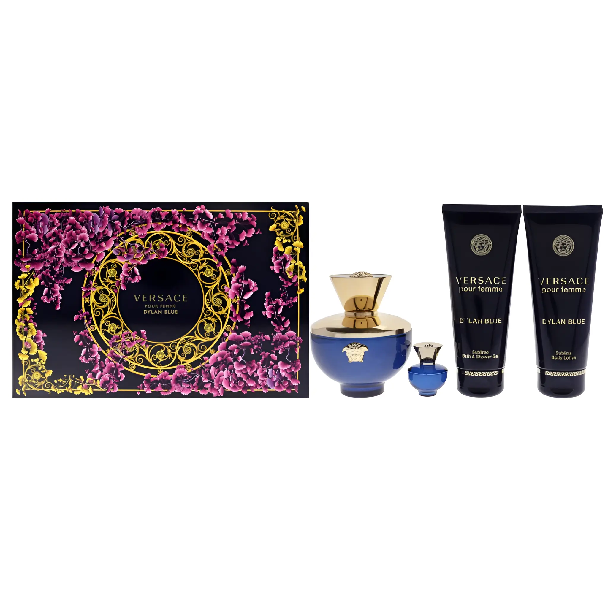 Versace Dylan Blue for Women 4-Piece Gift Set (3.3 Ounce Eau de Parfum Spray + 3.4 Ounce Body Lotion + 3.4 Ounce Shower Gel + 0.17 Ounce Mini Splash)