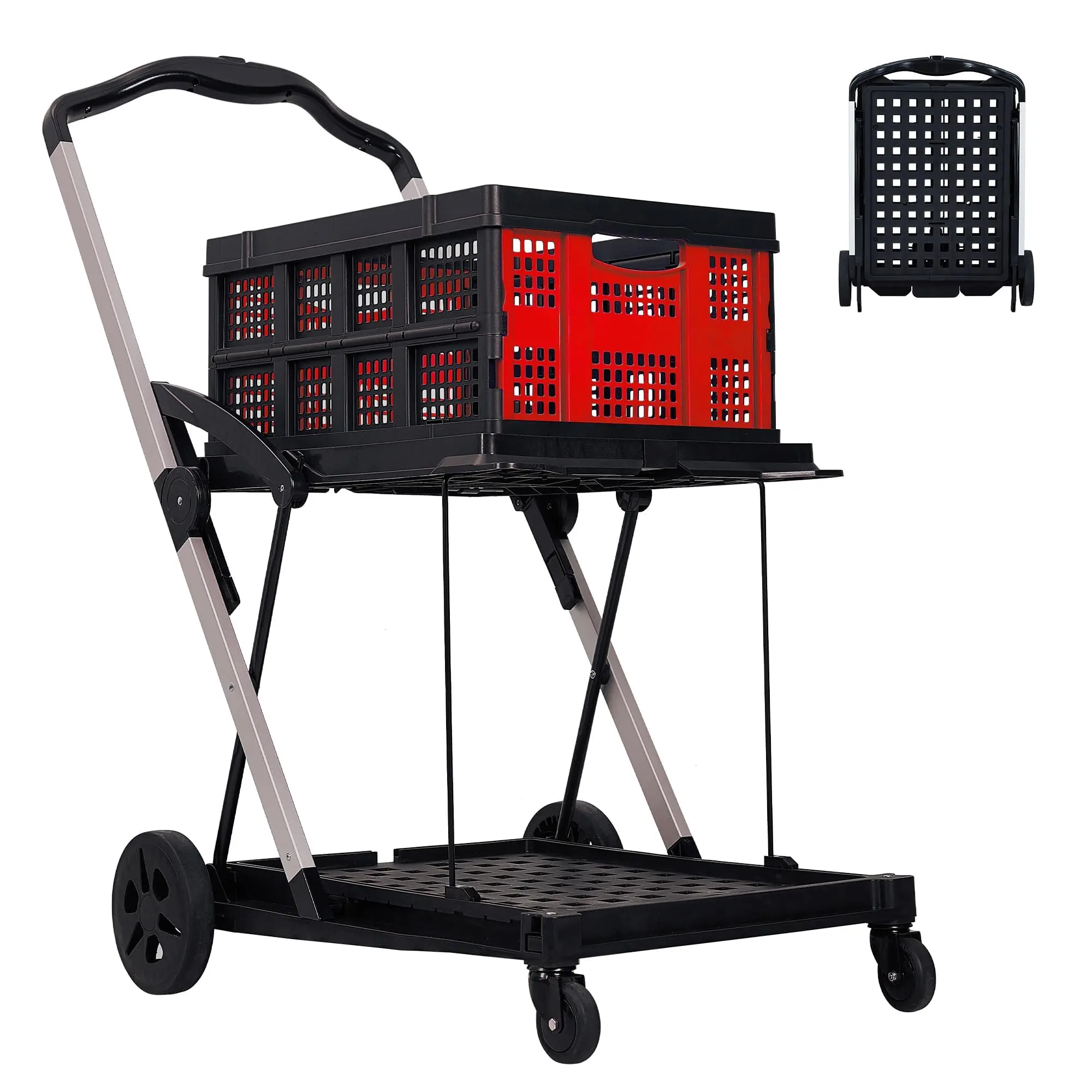 Garvee Foldable Shopping Cart with Dual Storage Crates – Lightweight Aluminum Utility Cart Featuring 360° Swivel Wheels and Removable Baskets for Groceries, Laundry, and Everyday Supplies
