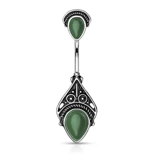 Double Semi Precious Stone Vintage Filigree Belly Button Ring - Stainless Steel