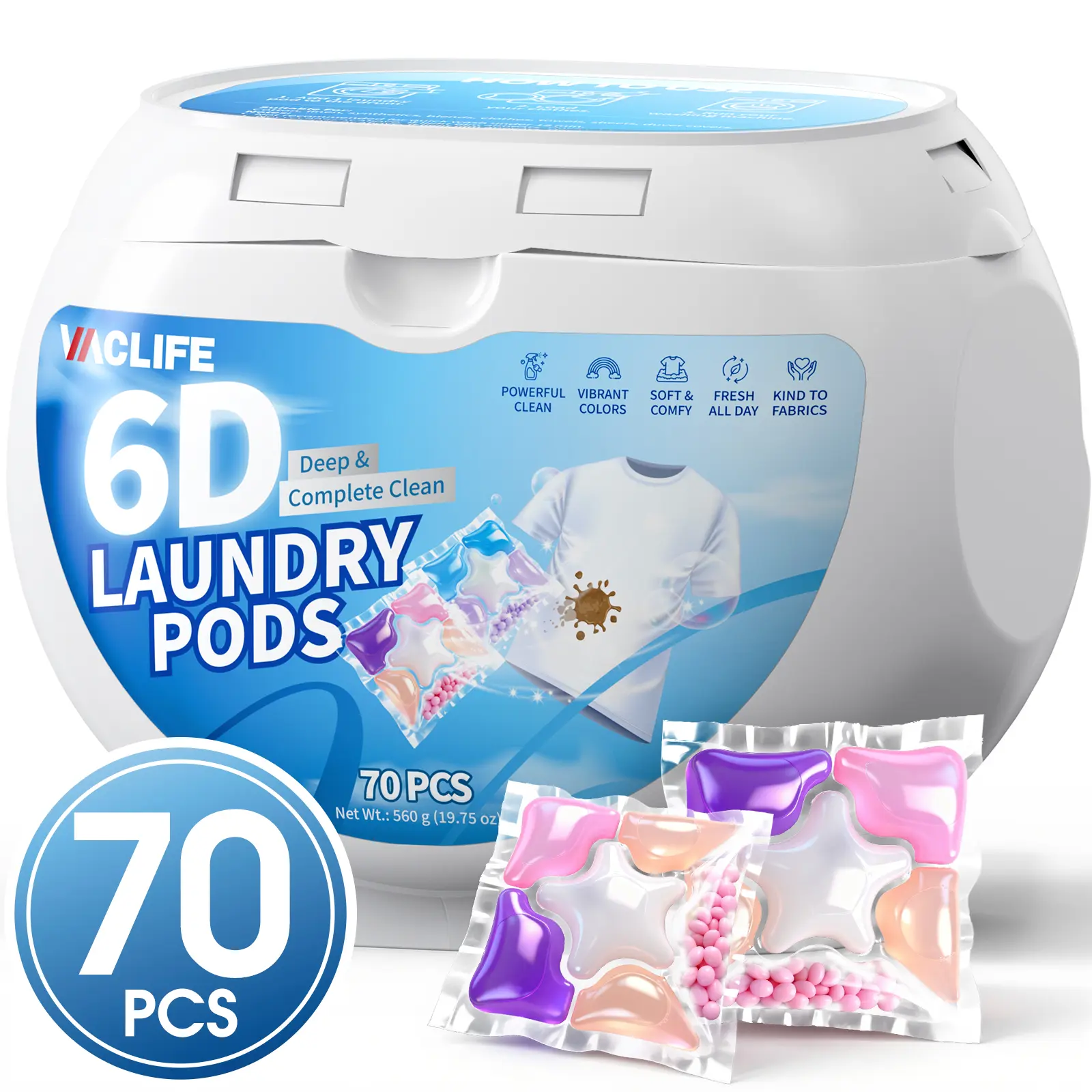 VacLife Laundry Detergent Pods, 70-Count Pink 6-Chamber, 8X Deep Cleaning Stain Remover for Washing Machines, 72H Long-Lasting Fragrance & Anti-Mite Laundry Pods