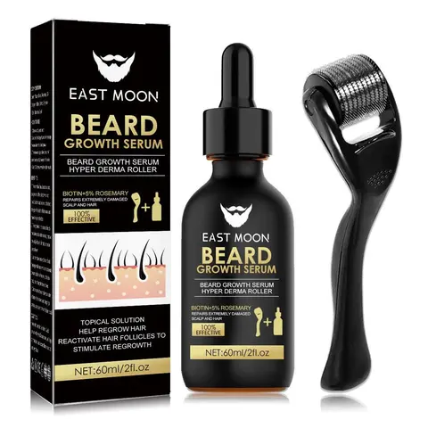 Beard Growth Kit Beard Roller and 60ml Nutritional Beard Oil - Thickens & Strengthens Beard, Titanium 540 Derma Roller 0.25mm, Biotin + Collagen + Rosemary, Daily Men's Beard Care Set, Gift
