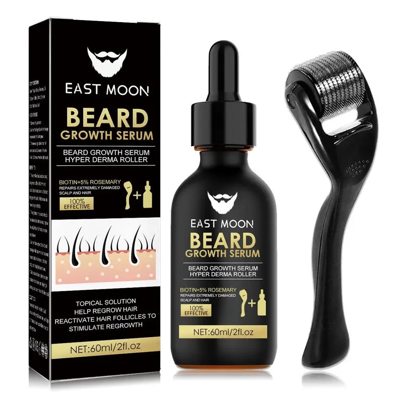Beard Growth Kit Beard Roller and 60ml Nutritional Beard Oil - Thickens & Strengthens Beard, Titanium 540 Derma Roller 0.25mm, Biotin + Collagen + Rosemary, Daily Men's Beard Care Set, Gift