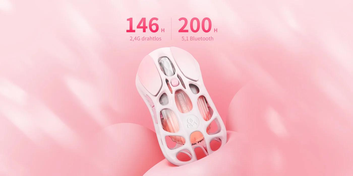 GravaStar Mercury M1 Pro Wireless Gaming Mouse, Pink Mouse, Lightweight Magnesium Alloy, 26,000 DPI, PAW3395DM Sensor, 5 Programmable Buttons, Support Wired/2.4GHz/BT, Up to 200 Hours Battery Life (Gradient Pink)