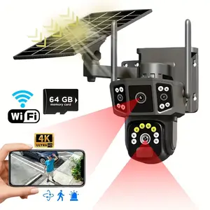 Mother's Day Gift:4K/8MP solar-powered security camera, 2.4GHz Wi-Fi, 360° panoramic outdoor view, PIR motion detection, dual lenses with color night vision, two-way audio, anti-theft and spying protection, cloud storage, with 64GB memory card.