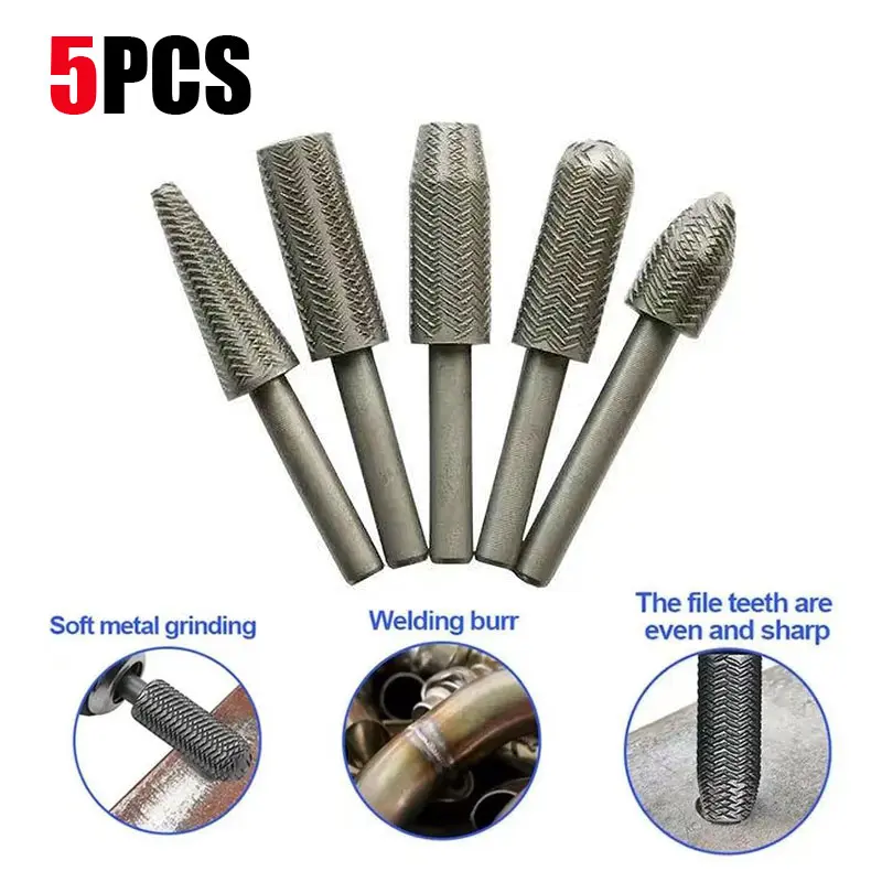 Tungsten Carbide Grinding Wheel Set, Suitable for Electric Rotary Files - 5-Piece Set Including Textured Steel Files, Soft Metal Files, and 6mm Hard Grinding Heads. Tool Kit for Cutting, Grinding, Engraving, and Air Hole Machining