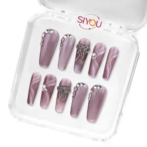 Siyou Sparkling Lilac Press On Nails Long Coffin Purple Lace Glossy Finish Reusable