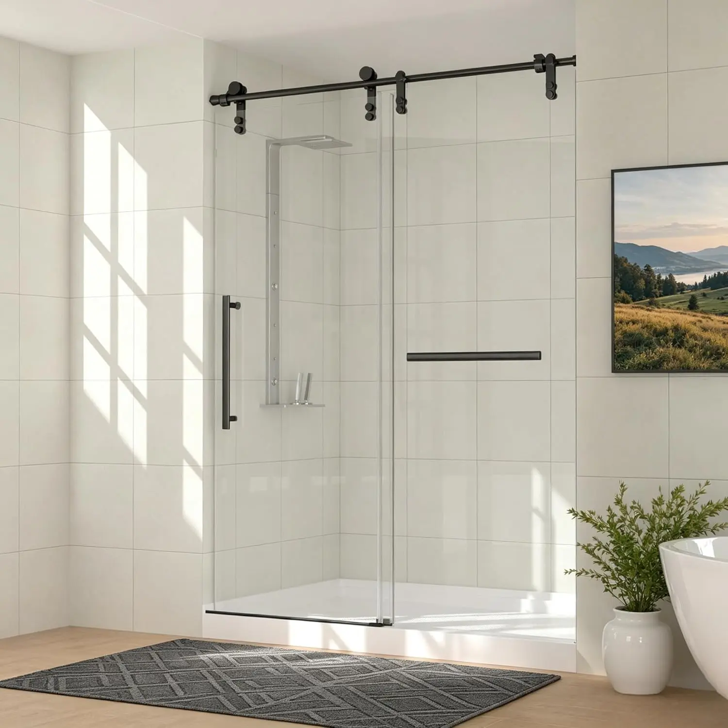 [2 packages delivery] Kullavik Frameless Shower Door, 56–60“ W x 76” H Glass Shower Doors, Double Sliding Shower Door with 5/16" (8 mm) Clear Tempered Glass, Easy-to-Clean Bathroom Glass Door, Stainless Steel Guide Rail