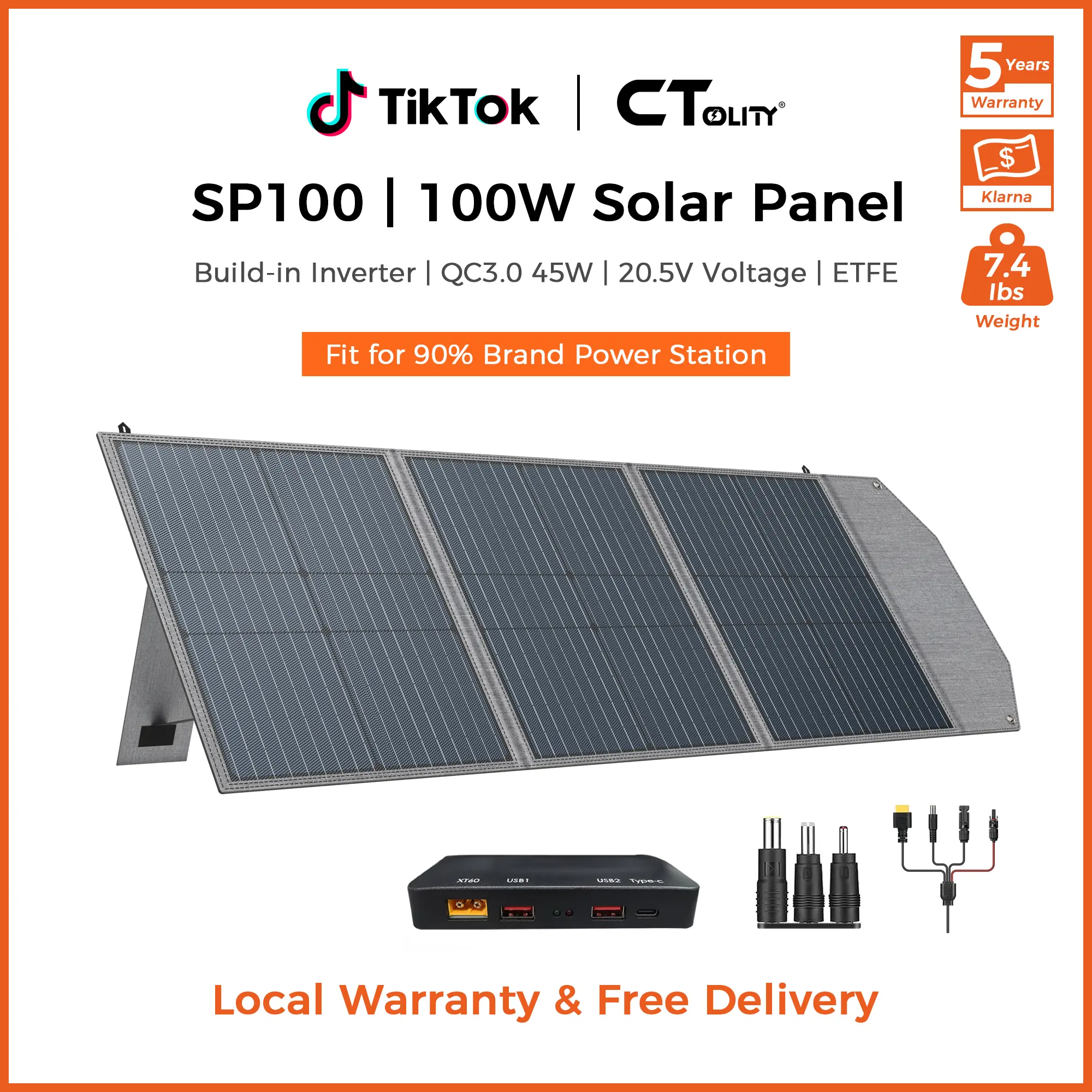 [TikTokShopBackToSchool][Camping Essentials 2026] CTOLITY 100W Portable Solar Panel Phone Charger- Foldable Paneles Solares with PD45W QC3.0 XT60 DC5525 PV Connecter High Efficiency 22% RV Marine Backyard Emergency WaterProof Adjustable Charger Durable