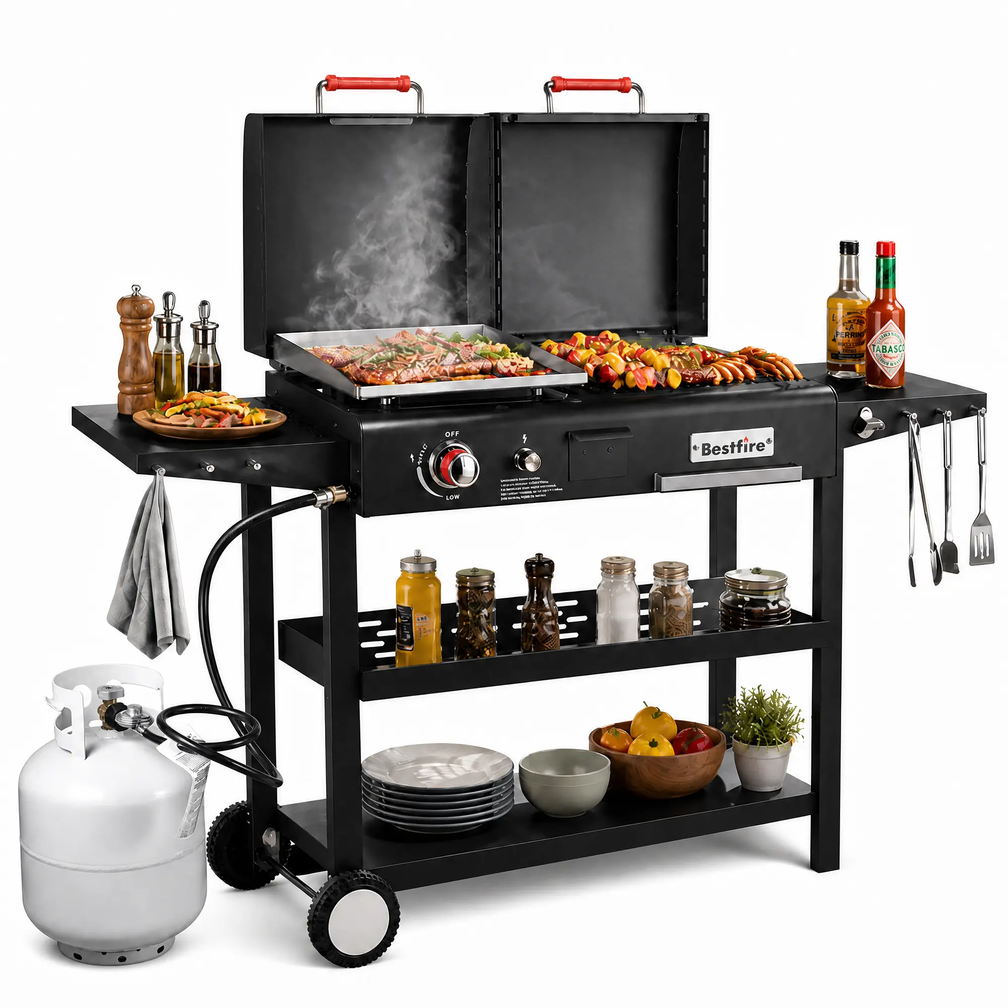 BESTFIRE Dual Fuel Barbecue Grill with Cast Iron Griddle, Portable Outdoor Cooking Equipment with Side Shelves for Camping & Backyard BBQs, Propane & Charcoal Combo, Bbq Charcoal Grills
