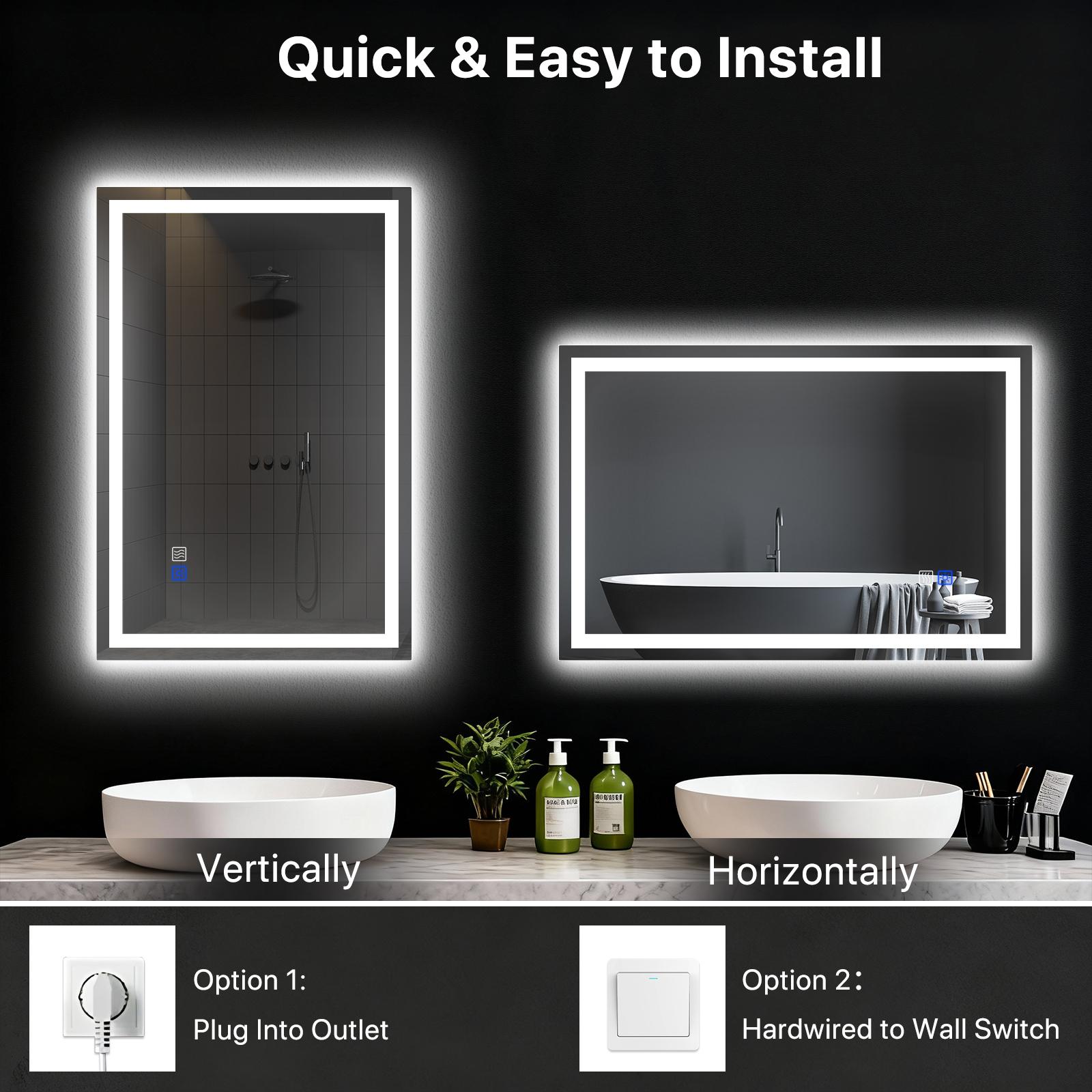 GLITGATE LED Bathroom Mirror with Lights, Over Sink Bathroom Mirror, Dimmable Bathroom Mirror with Touch Control, 3-Color Options, Wall Mounted, Defogging & Memory Timing Function, for Bedrooms, Closets, or Hallways, Tempered Glass