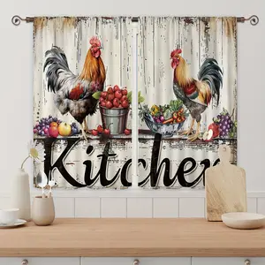 2pcs-Polyester-Rooster Kitchen Curtain Valance Set Retro Country Wood Panel Fruit Print Cafe Office Living Room Bedroom Restaurant Home Decor