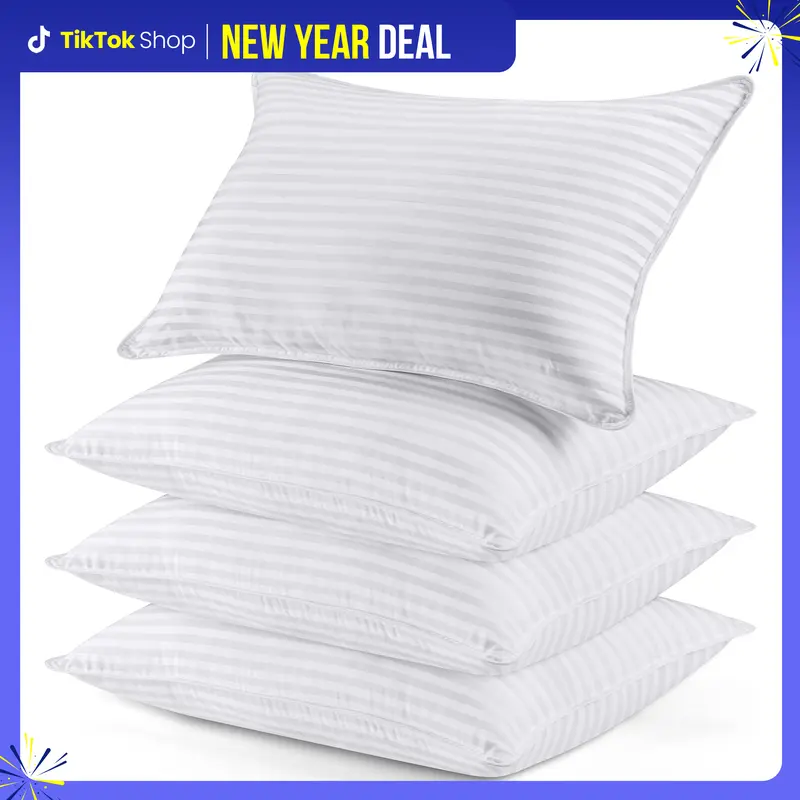 Utopia Bedding Hotel-Quality Bed Pillows for Sleeping - Set of 4, Soft Contoured Design, White Striped, Queen Size, Comfort for Back, Stomach, or Side Sleepers