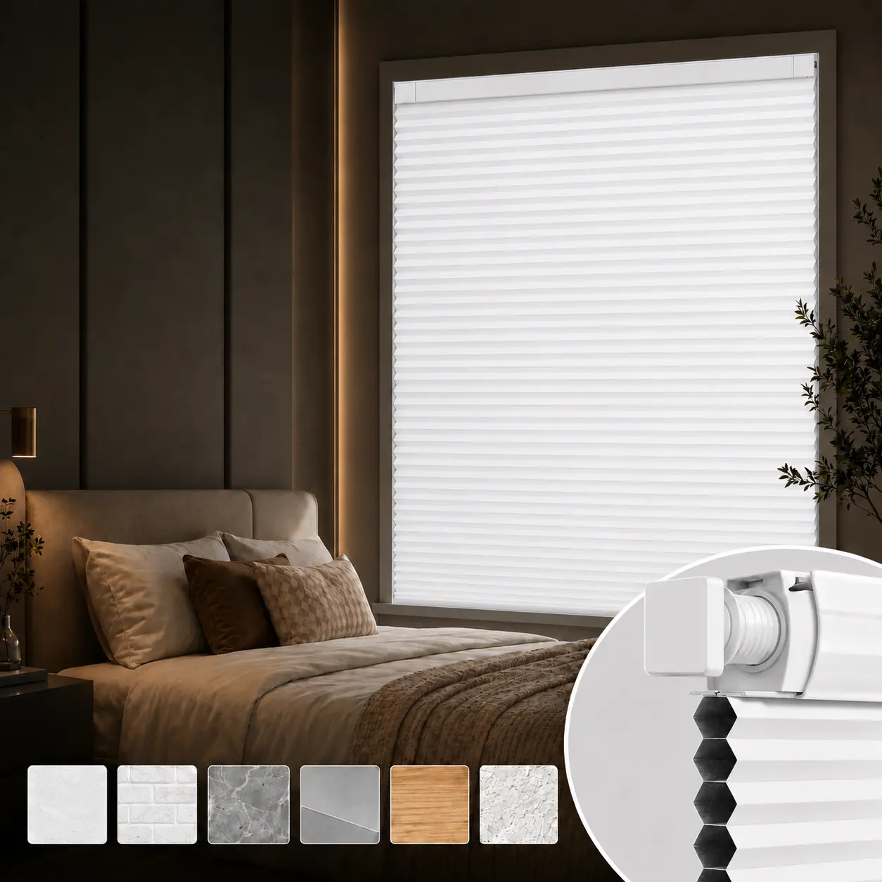 Cordless No-Drill Pleated Honeycomb Shades, Blackout-White & Light Filtering-Gray Solid Indoor Blinds, Renter-Friendly Easy-Install, Baby Room Safe for Bedrooms