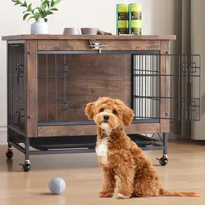 Wooden dog crate furniture, simple dog box with 2 doors,with wheels, UNH extendable tray, easy to clean, bite-proof indoor dog crate for dogs