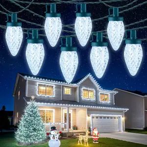Brightown C9 LED Christmas String Lights, 33ft 50 LED Waterproof Strawberry String Lights, Plug-in Extendable Green Wire Lights String for Outdoor Indoor Patio Party Decoration (White)