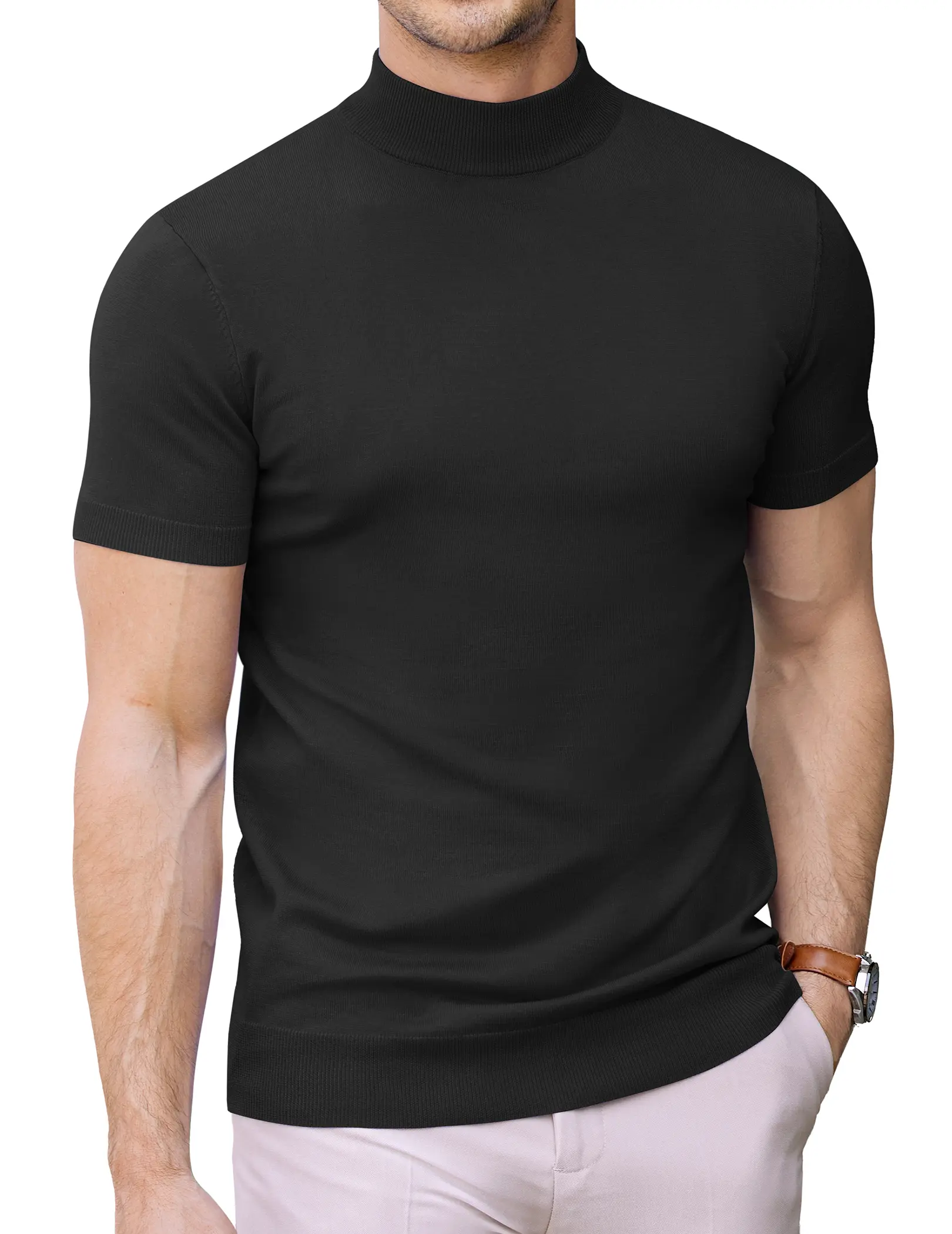 COOFANDY Mens Mock High Neck Sweater Short Sleeve Solid Color T-Shirts Basic Slim Fit Knitted Pullover Tees Casual Classic Menswear Festival Top Knitwear