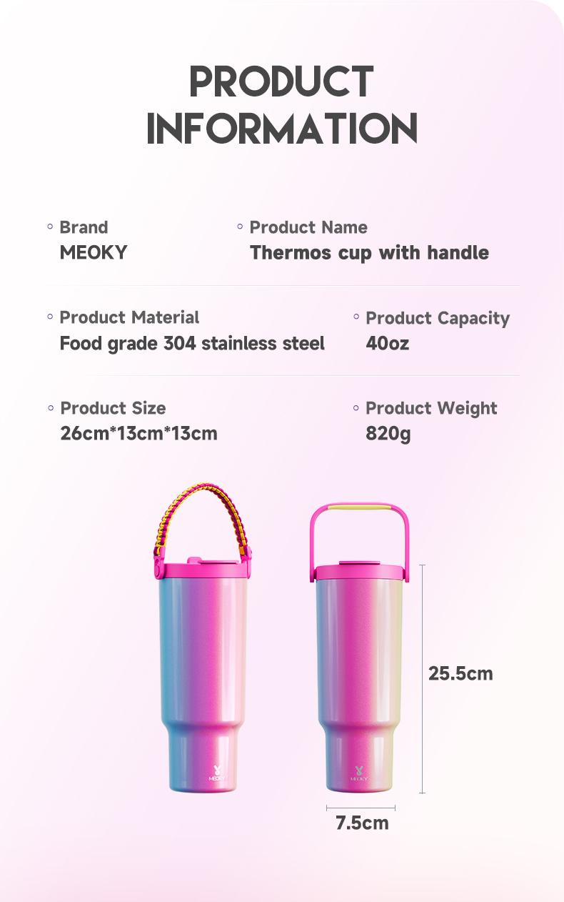 【Live Exclusive Deal】MEOKY 32/40/50oz 100%Leak-proof Stainless Steel Handle Thermos Cup, Suitable for Carrying out,  two Handles, Drop-resistant