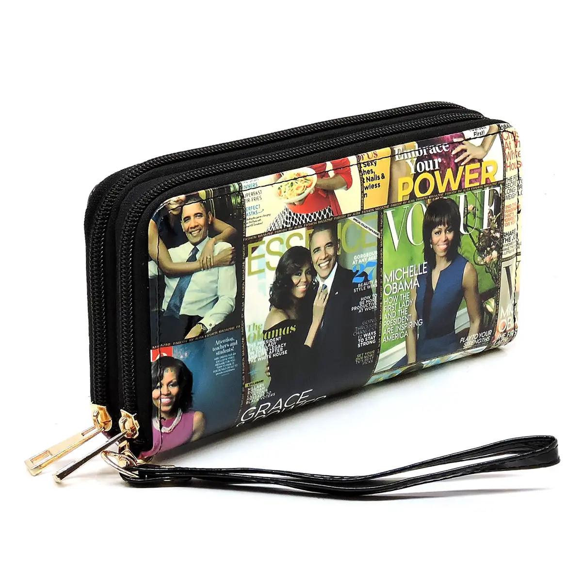 Michelle Obama Magazine Cover Collage Double Zip Around Wallet Wristlet