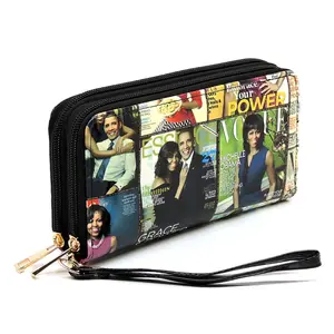 Michelle Obama Magazine Cover Collage Double Zip Around Wallet Wristlet