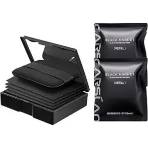 Makeup Blotting Paper with Powder, Black Magnet Blotting Sheet for Oily & Combination Skin, Portable Compact with Puff & Mirror, Keeps Makeup Fresh All Day, 450 Sheets + 8 Refill Adhesive Pads