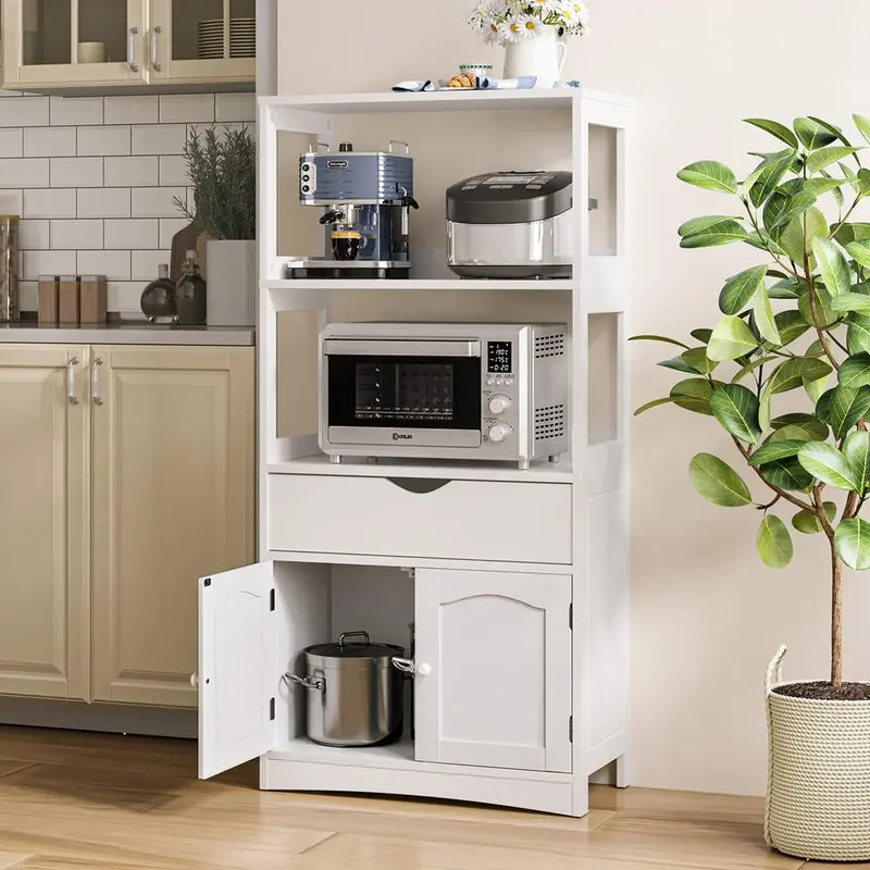 Sikaic Multifunctional Storage Cabinet with Microwave Space Drawer White Furniture Organization Kitchen Organizer Freestanding Wood Cupboard, Home Furniture, Dorm Essentials [tiktokshopbacktoschool]