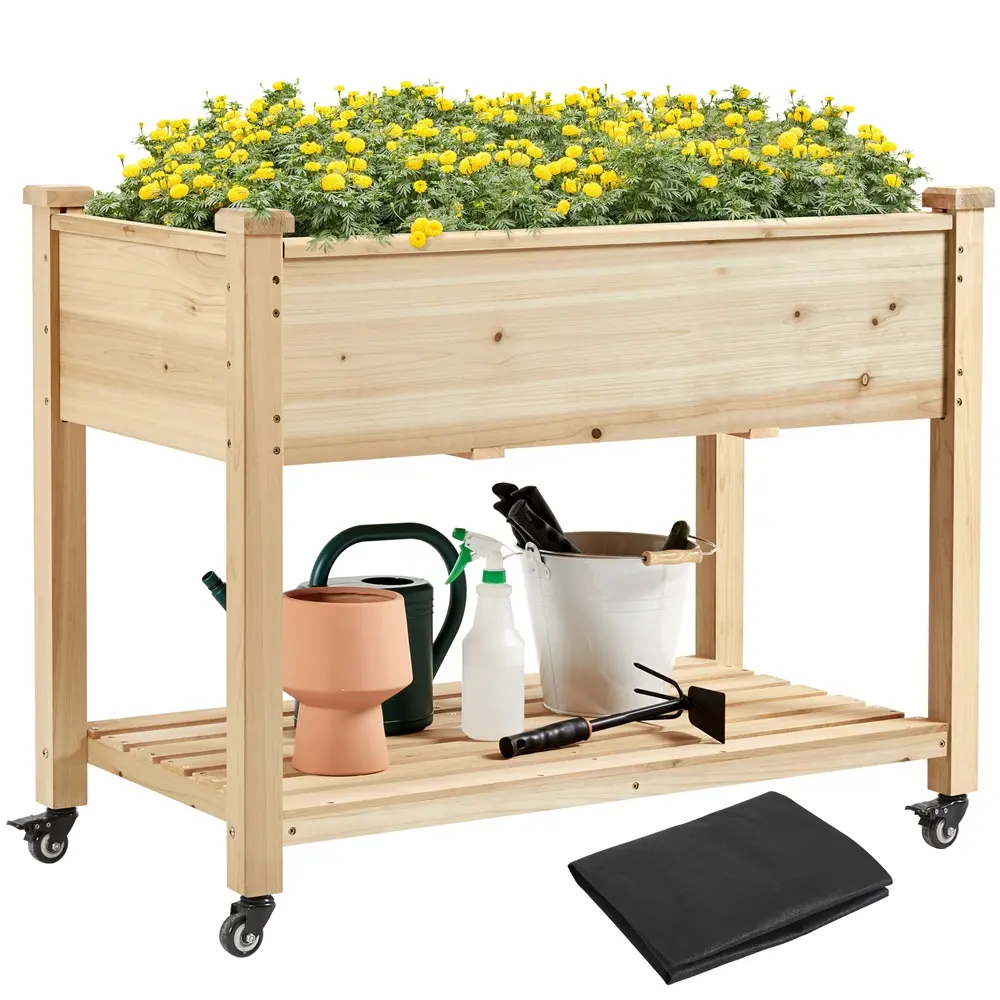 Costoffs Fir Wood Planter Box with Stand, 4-Caster Movable Raised Bed Planters, 33-in Ergonomic Height Elevated Garden Bed with Storage Shelf
