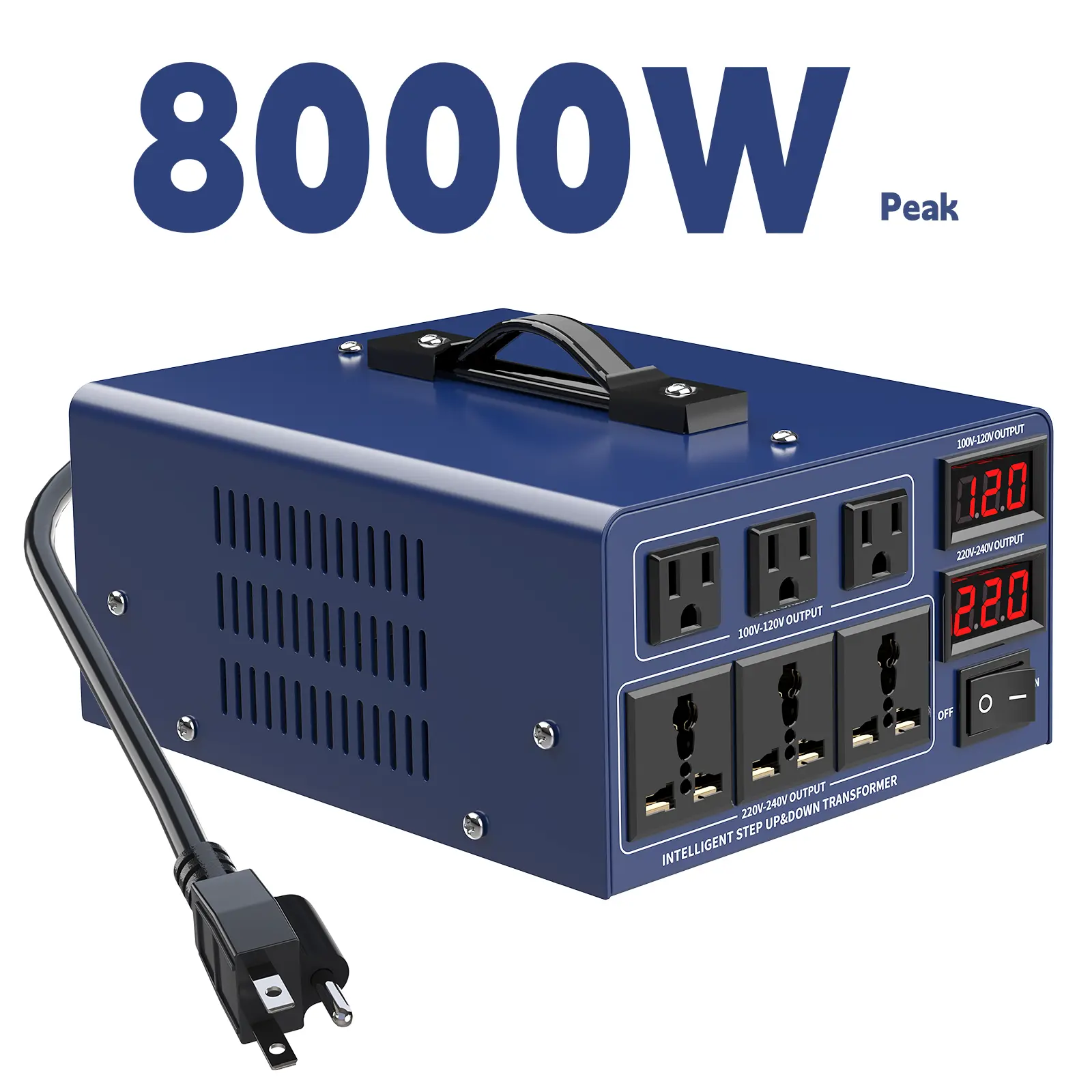 Heavy Duty 8000W Step Up-Down Voltage Converter Transformer - 4000W Continuous AC Power Supply, Different Voltages (110-130V/220-240V), 3 American Sockets, 3 Universal Outlets, LCD Display, Resettable Fuse, Grounding Guard, For Home & Travel Use